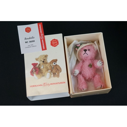 213 - Four Boxed Hermann miniature Teddy bears with certificates, to include 0141 Goldie (faded box), 0168... 