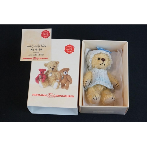 213 - Four Boxed Hermann miniature Teddy bears with certificates, to include 0141 Goldie (faded box), 0168... 