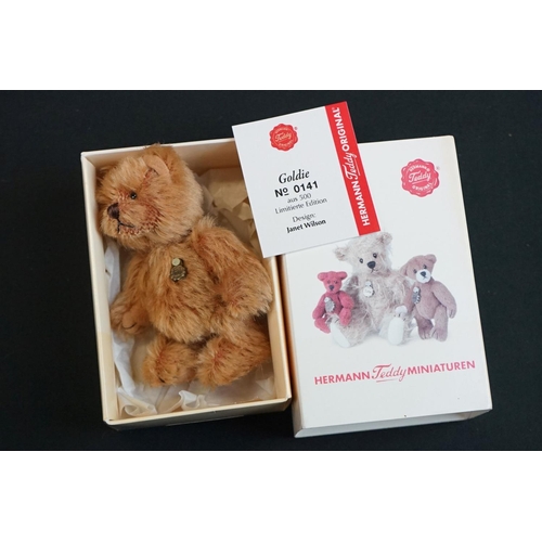 213 - Four Boxed Hermann miniature Teddy bears with certificates, to include 0141 Goldie (faded box), 0168... 