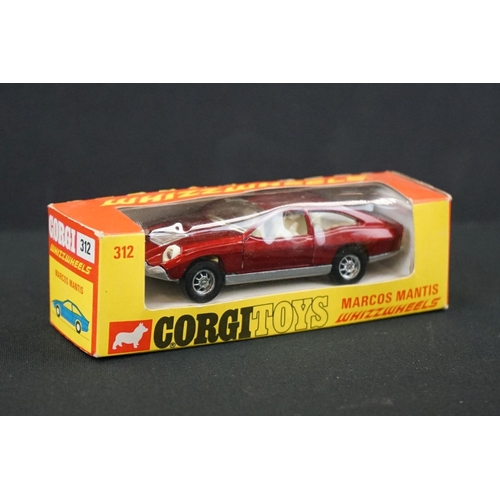 1259 - Three boxed Corgi diecast models to include 312 Marcos Mantis Whizzwheels in dark red, 389 Bond Bug ... 