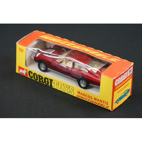 1259 - Three boxed Corgi diecast models to include 312 Marcos Mantis Whizzwheels in dark red, 389 Bond Bug ... 