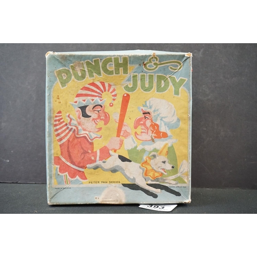 393 - Boxed Peter Pan Series Punch & Judy tinplate game, includes moveable Punch & Judy house within a tin... 