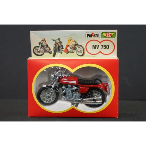 1300 - Five boxed diecast & plastic model motorbikes to include 3 x Polistil (750 GT55, 114 Suzuki RH70 & 1... 