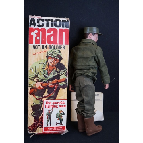 372 - Action Man - Three original Palitoy figures in original boxes to include Action Soldier with booklet... 