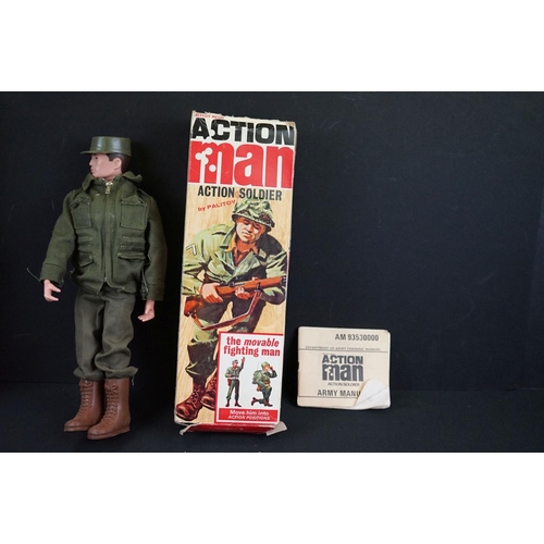 372 - Action Man - Three original Palitoy figures in original boxes to include Action Soldier with booklet... 