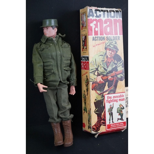 372 - Action Man - Three original Palitoy figures in original boxes to include Action Soldier with booklet... 