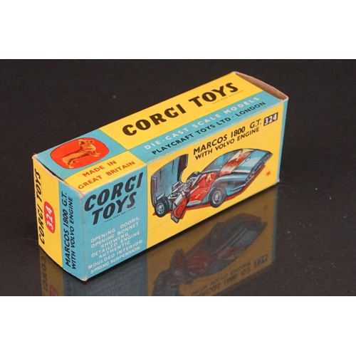 1019 - Three boxed Corgi diecast models to include 324 Marcos 1800 GT with Volvo engine in white, 312 E Typ... 