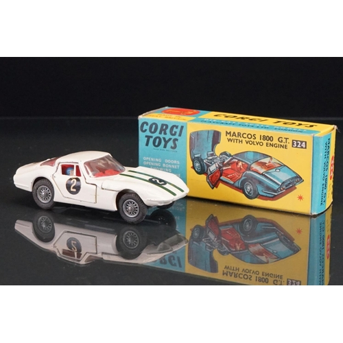 1019 - Three boxed Corgi diecast models to include 324 Marcos 1800 GT with Volvo engine in white, 312 E Typ... 