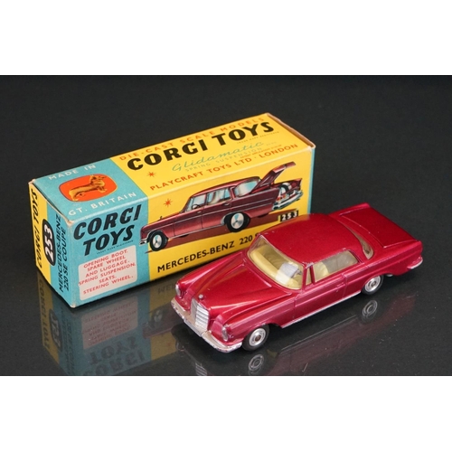 1035 - Three boxed Corgi diecast models to include 253 Mercedes Benz 220 SE Coupe in metallic maroon, 218 A... 