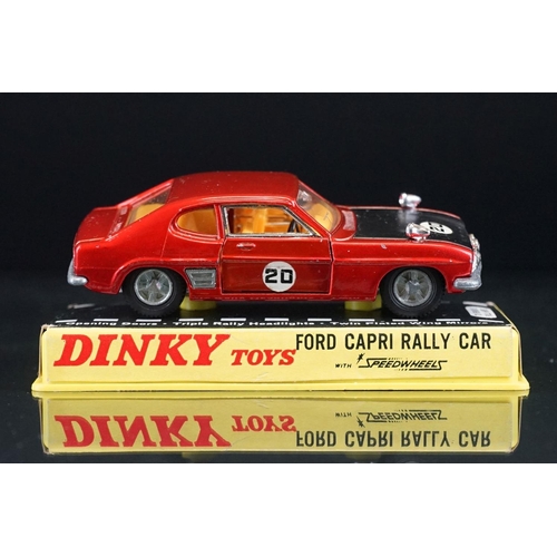 1063 - Three cased Dinky diecast models to include 213 Ford Capri Rally Car in metallic red (crack to case)... 