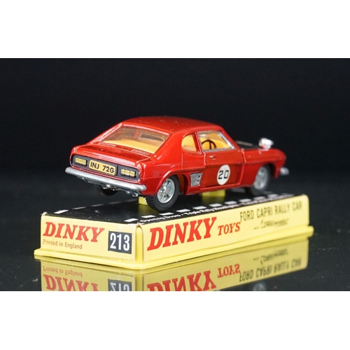 1063 - Three cased Dinky diecast models to include 213 Ford Capri Rally Car in metallic red (crack to case)... 