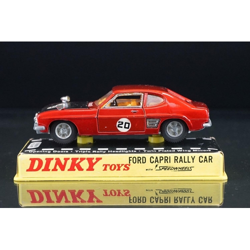 1063 - Three cased Dinky diecast models to include 213 Ford Capri Rally Car in metallic red (crack to case)... 