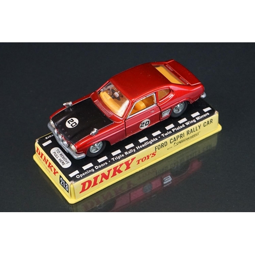 1063 - Three cased Dinky diecast models to include 213 Ford Capri Rally Car in metallic red (crack to case)... 