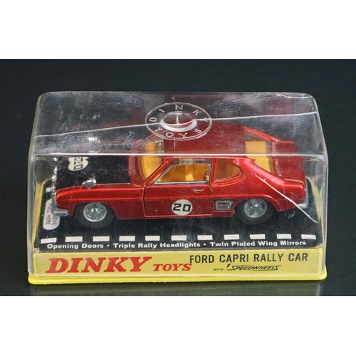 1063 - Three cased Dinky diecast models to include 213 Ford Capri Rally Car in metallic red (crack to case)... 