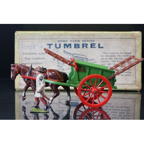 1067 - Four boxed Britains Home Farm Series metal models to include No 8F Horse Rake, No 20F Farmers Gig, N... 