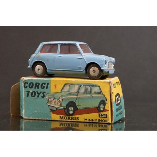 1324 - Five boxed Corgi diecast models to include 208S Jaguar 2.4 Litre Saloon in pale yellow, 210 Citroen ... 