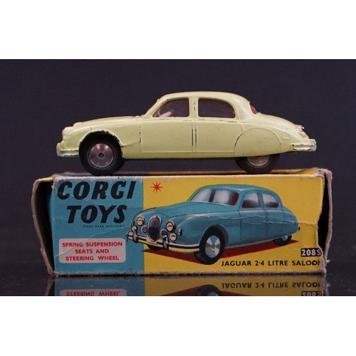 1324 - Five boxed Corgi diecast models to include 208S Jaguar 2.4 Litre Saloon in pale yellow, 210 Citroen ... 