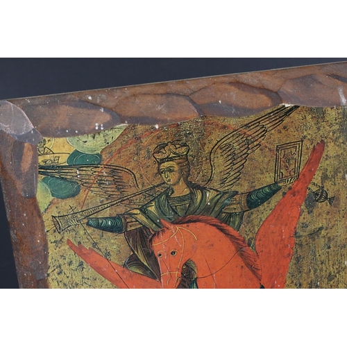 101 - Wooden Plaque decorated with a Russian image of the Archangel Michael Destroyer of Antichrist, 27cm ... 