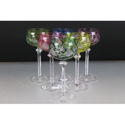 11 - Set of Six Val St Lambert Cut Glass Hock Glasses, with harlequin coloured glass bowls raised on clea... 