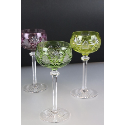 11 - Set of Six Val St Lambert Cut Glass Hock Glasses, with harlequin coloured glass bowls raised on clea... 