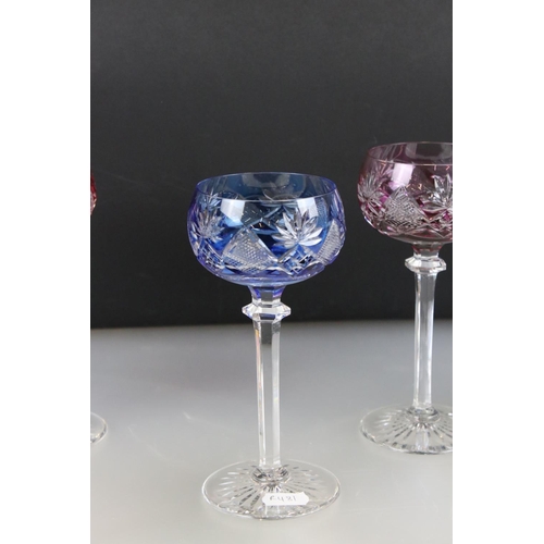 11 - Set of Six Val St Lambert Cut Glass Hock Glasses, with harlequin coloured glass bowls raised on clea... 