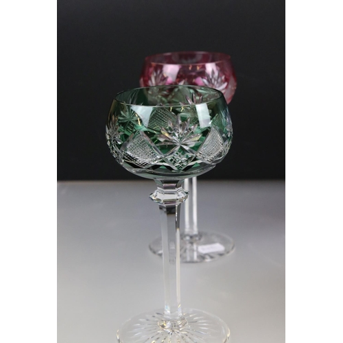 11 - Set of Six Val St Lambert Cut Glass Hock Glasses, with harlequin coloured glass bowls raised on clea... 