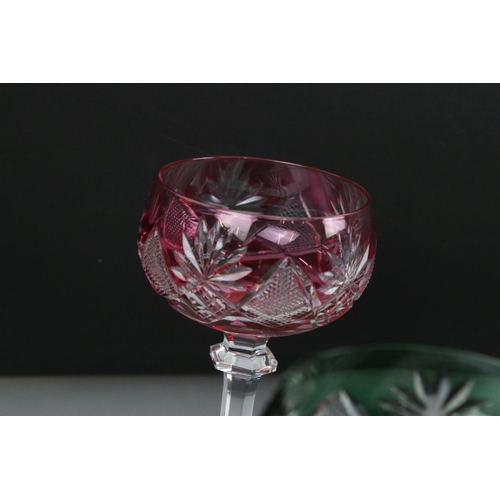 11 - Set of Six Val St Lambert Cut Glass Hock Glasses, with harlequin coloured glass bowls raised on clea... 