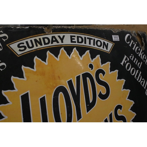 111 - Enamel Advertising Sign ' Lloyd's News, Sunday Edition ' 92cm x 73cm