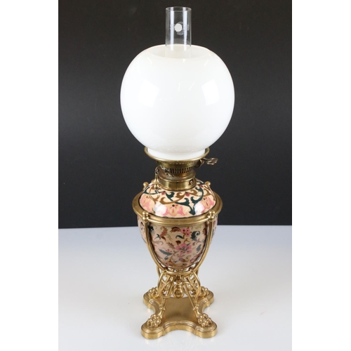 122 - Zolnay Pecs pink floral patterned Ceramic Oil Lamp with drop-in font and brass base, Messengers burn... 