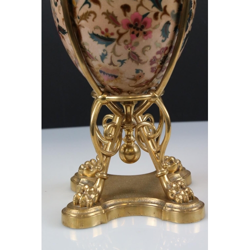 122 - Zolnay Pecs pink floral patterned Ceramic Oil Lamp with drop-in font and brass base, Messengers burn... 