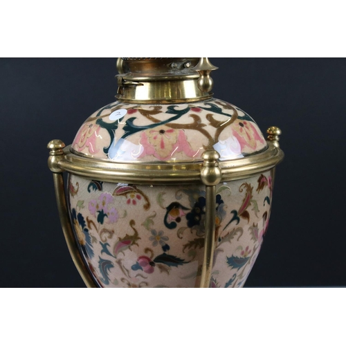 122 - Zolnay Pecs pink floral patterned Ceramic Oil Lamp with drop-in font and brass base, Messengers burn... 