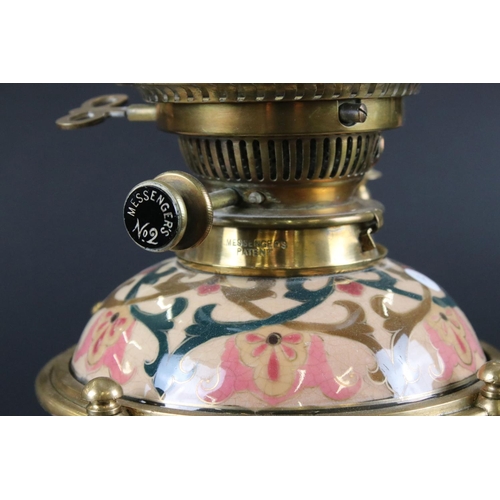 122 - Zolnay Pecs pink floral patterned Ceramic Oil Lamp with drop-in font and brass base, Messengers burn... 