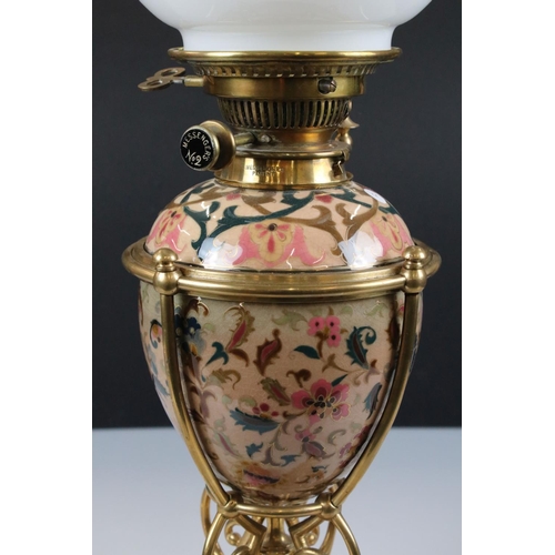 122 - Zolnay Pecs pink floral patterned Ceramic Oil Lamp with drop-in font and brass base, Messengers burn... 