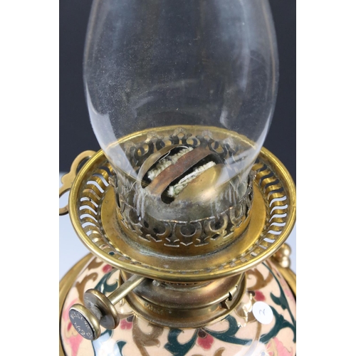 122 - Zolnay Pecs pink floral patterned Ceramic Oil Lamp with drop-in font and brass base, Messengers burn... 