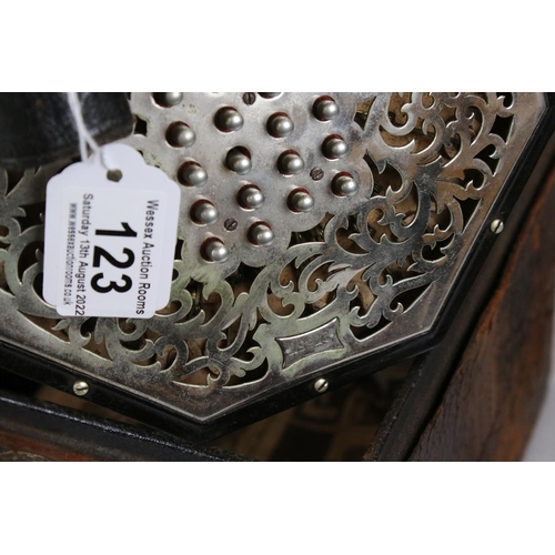 123 - An English Wheatstone & Co concertina, with fifty six metal buttons on foliate pierced metal, No.276... 