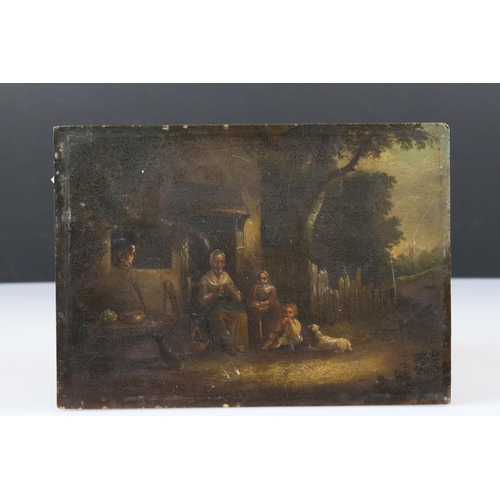 127 - Attributed to Barker of Bath, Oil on Board Study of Country Folk sitting outside of a cottage, 17cms... 