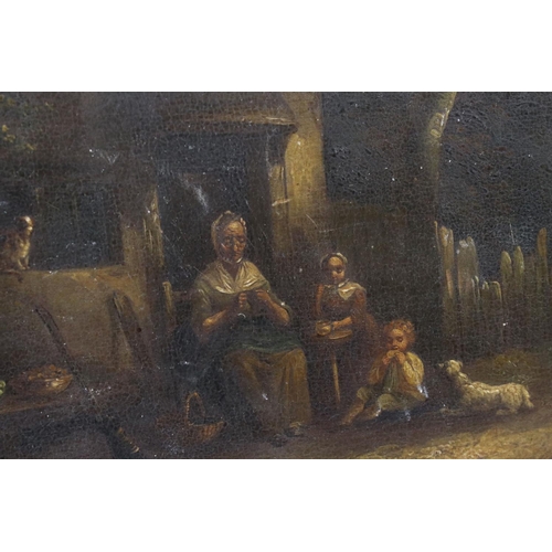 127 - Attributed to Barker of Bath, Oil on Board Study of Country Folk sitting outside of a cottage, 17cms... 