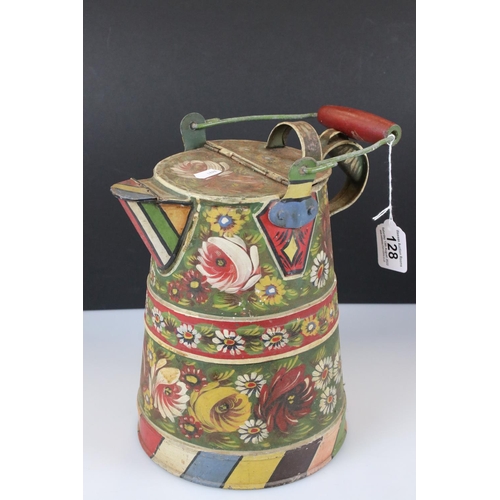 128 - A bargeware kettle and bowl with handprinted floral decoration.