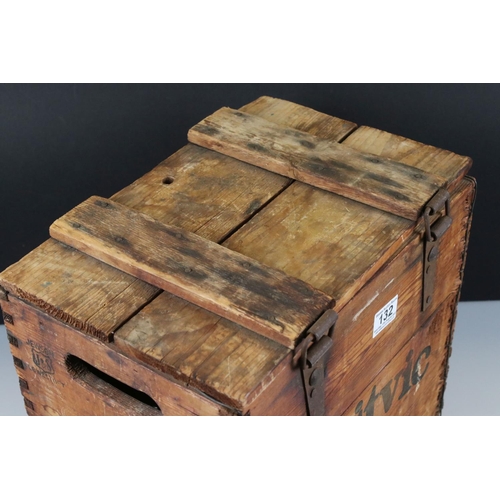 132 - Mid century Pine Advertising ' Britvic ' Six Bottle Crate with Lid, 34cm high x 36cm wide