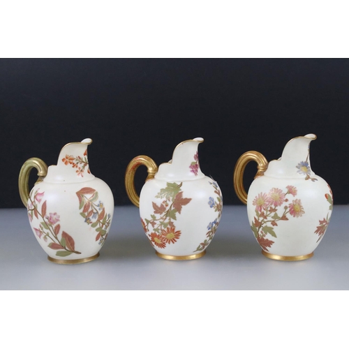 15 - Three Royal Worcester Blush Ivory Flat Sided Jugs decorated with flowers, pattern no. 1094, each 15c... 