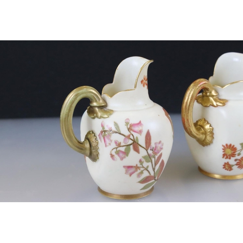 15 - Three Royal Worcester Blush Ivory Flat Sided Jugs decorated with flowers, pattern no. 1094, each 15c... 