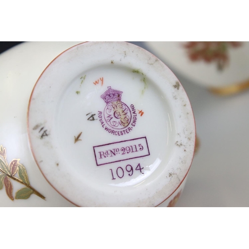 15 - Three Royal Worcester Blush Ivory Flat Sided Jugs decorated with flowers, pattern no. 1094, each 15c... 