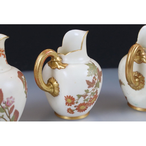 15 - Three Royal Worcester Blush Ivory Flat Sided Jugs decorated with flowers, pattern no. 1094, each 15c... 