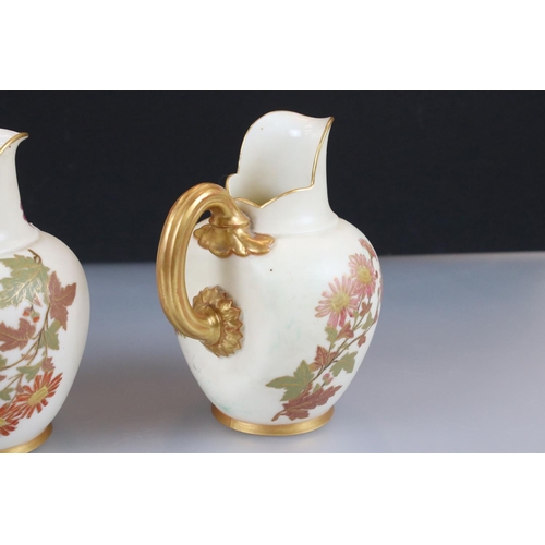 15 - Three Royal Worcester Blush Ivory Flat Sided Jugs decorated with flowers, pattern no. 1094, each 15c... 