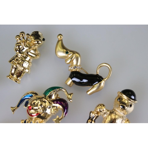 151 - Six Costume Jewellery Brooches including Enamel Duck, Teddy, Dog and Clown plus Gilt Teddy Bear