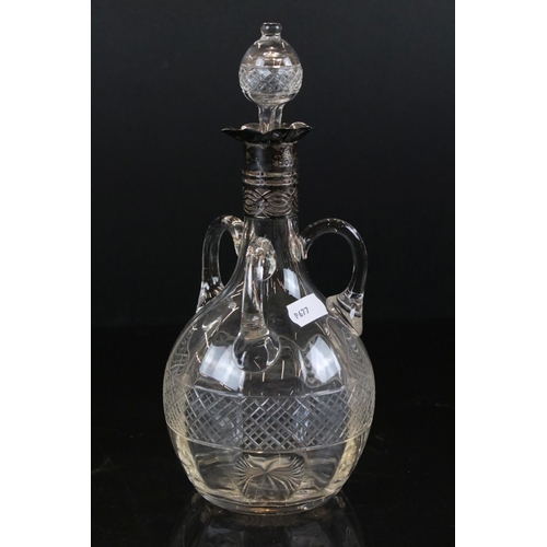 16 - Early 20th century Cut Glass Decanter with Three Loop Handles and Silver Collar (London 1909), 24cm ... 