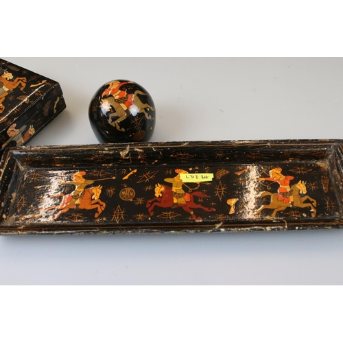 178 - Hand painted paper mache desk set decorated with Middle Eastern warriors & a vintage wooden cased Or... 