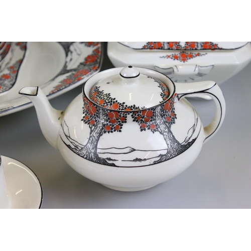 22 - Art Deco Crown Ducal ' Orange Tree (A1211) ' pattern part service including Teapot, Lidded Tureen wi... 