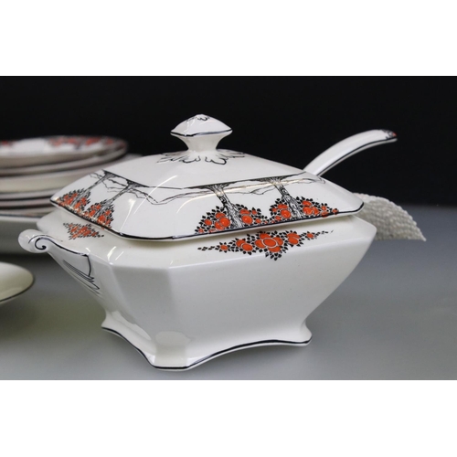 22 - Art Deco Crown Ducal ' Orange Tree (A1211) ' pattern part service including Teapot, Lidded Tureen wi... 