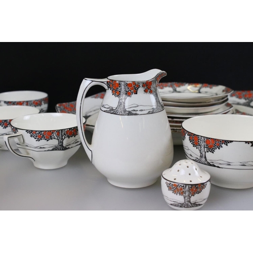 22 - Art Deco Crown Ducal ' Orange Tree (A1211) ' pattern part service including Teapot, Lidded Tureen wi... 